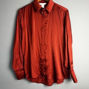 Apricot‎ Oversized Chiffon Rust Button-Up Shirt Long Sleeve Collared Blouse Sz 6